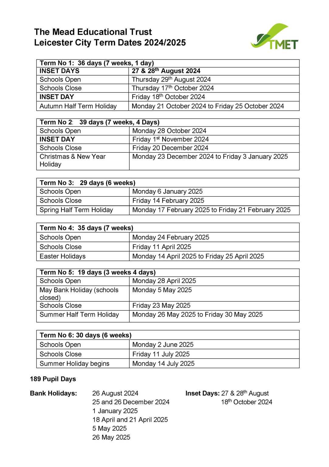 Term Dates Rushey Mead Academy TMET Leicester MAT