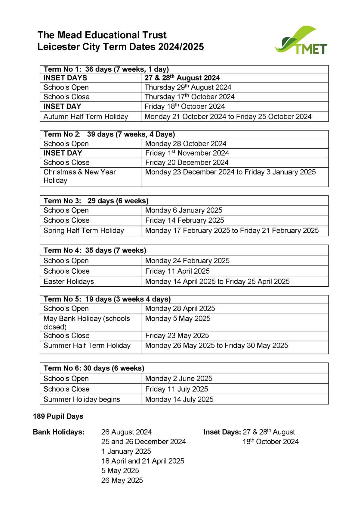 Term Dates Rushey Mead Academy TMET Leicester MAT